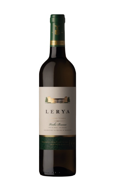 Garrafa de vinho branco Lerya Vinho Verde com rótulo branco e verde