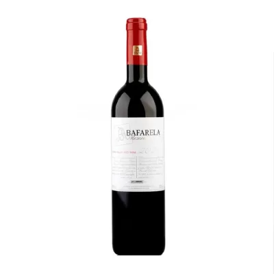 Garrafa de vinho tinto Bafarela Reserva com rótulo branco e tampa vermelha