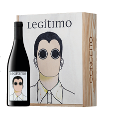 Garrafa de vinho tinto LEGÍTIMO com caixa de madeira com desenho idêntico