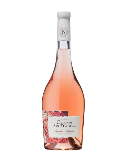 Garrafa de vinho rosé Quinta de Santa Cristina com rótulo floral e texto em fundo branco