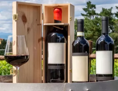 Garrafas de vinho com rótulos brancos e caixa de madeira ao ar livre