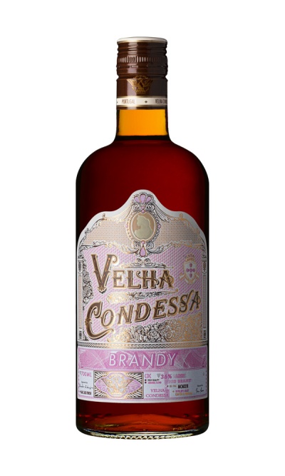 Garrafa de brandy Velha Condessa com rótulo rosa e dourado.