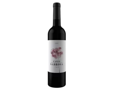 Garrafa de vinho com rótulo branco, flor rosa e texto CAVES SABROSA