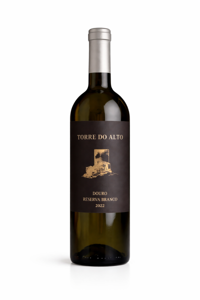 Garrafa de vinho branco Torre do Alto Douro Reserva Branco 2022 com rótulo preto.