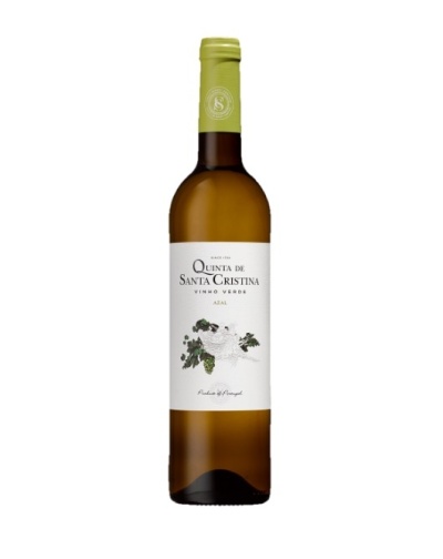 Garrafa de vinho verde Quinta de Santa Cristina com rótulo branco e rolha verde claro
