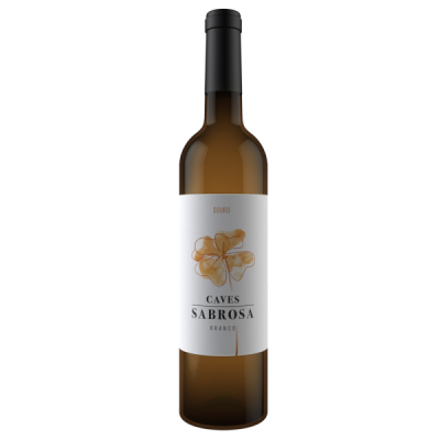 Garrafa de vinho branco Caves Sabrosa Douro com rótulo branco e desenho de folha