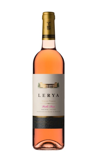 Garrafa de vinho rosé Lerya Vinho Verde com rótulo branco e dourado