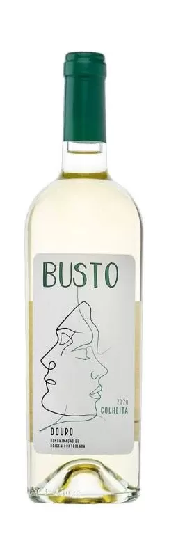 Garrafa de vinho branco com rótulo BUSTO e desenho de dois perfis humanos estilizados