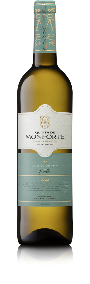 Garrafas de vinho branco Quinta de Monforte com rótulo branco e verde-azulado