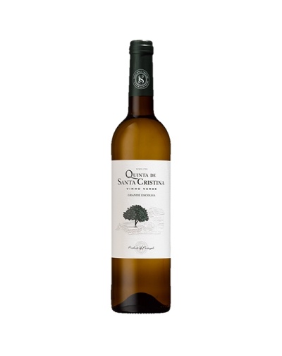Garrafa de vinho branco Quinta de Santa Cristina com rótulo branco e imagem de árvore