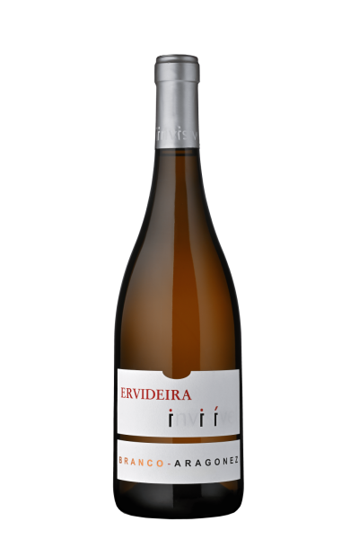 Garrafa de vinho branco Ervideira Invisível branco Aragonez com rótulo branco e tampa prateada