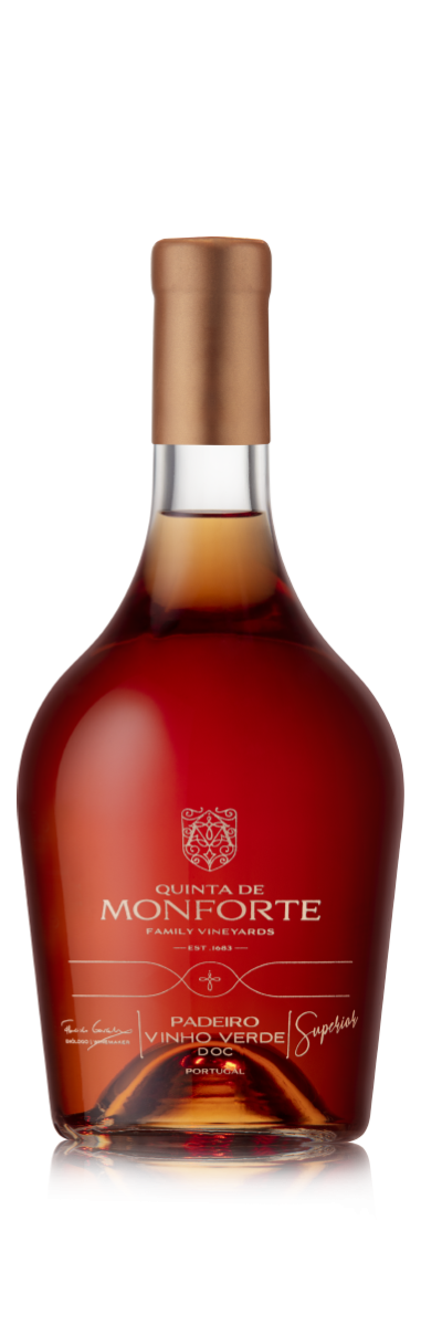 Garrafa de vinho Padeiro Vinho Verde de Quinta de Monforte com rolha bronze e rótulo branco