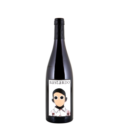 Garrafa de vinho tinto com rótulo ilustrado e texto BASTARDO