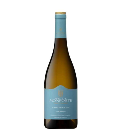 Garrafa de vinho branco com rótulo e cápsula azul claro