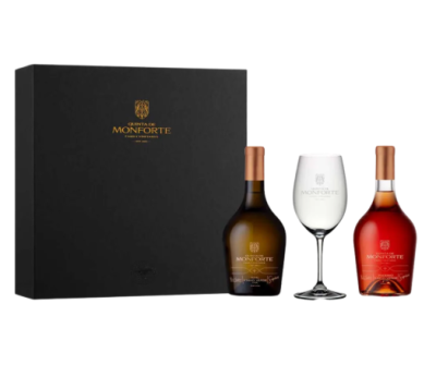 Conjunto de vinho com caixa preta, duas garrafas e copo de vinho com logótipo MONFORTE
