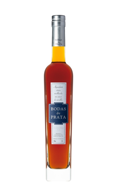 Garrafa de aguardente Bodas de Prata com rótulo azul e branco e tampa prateada