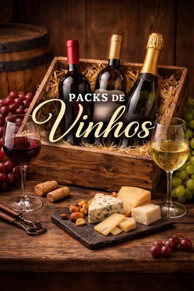 Pack de vinhos com três garrafas numa caixa de madeira, queijos e dois copos de vinho ao lado, uvas e frutos secos em fundo rústico