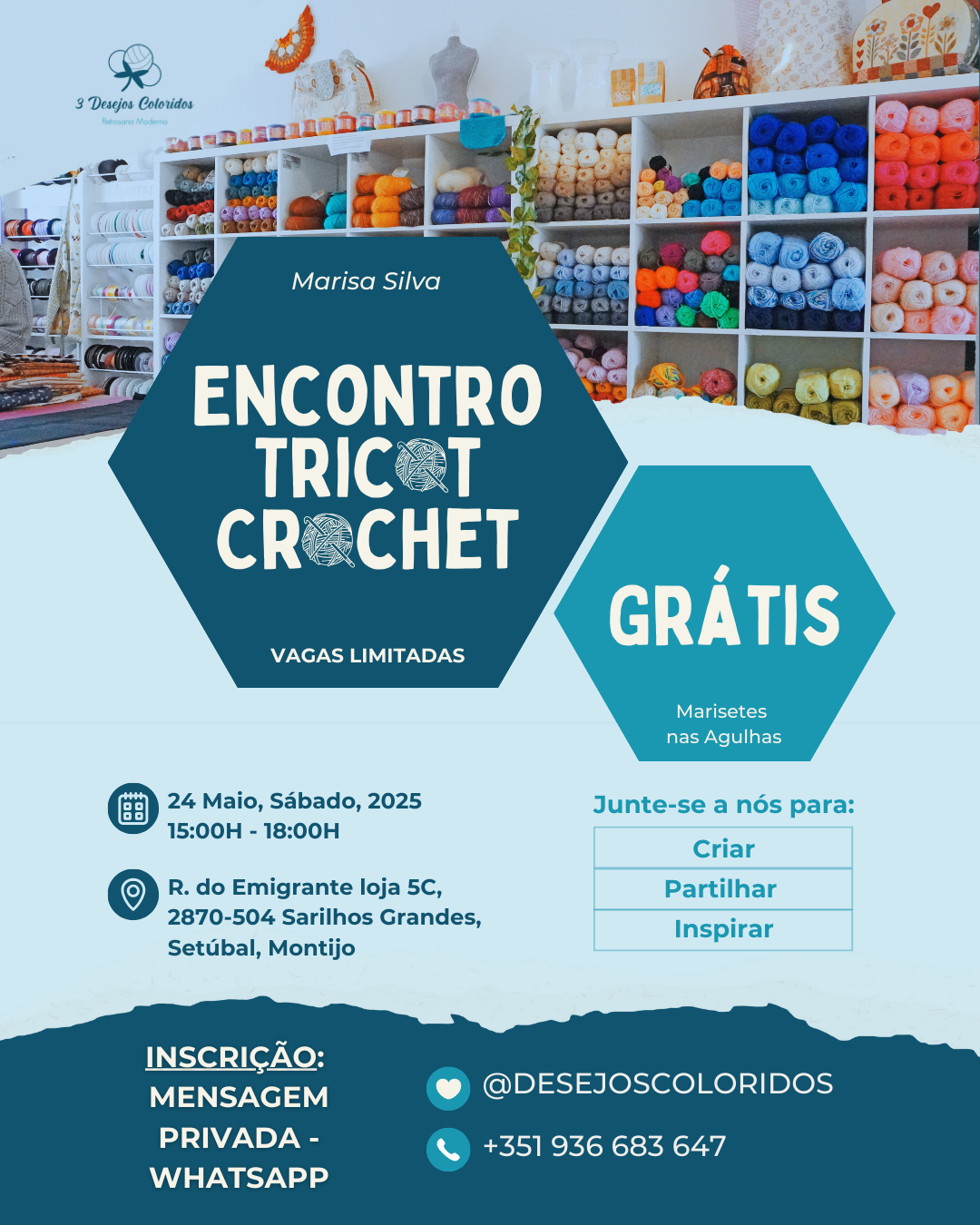 Cartaz de encontro gratuito de tricot e crochet com novelos coloridos