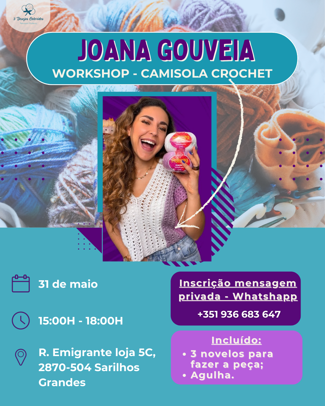 Flyer workshop camisola crochet com Joana Gouveia, fios de lã ao fundo e contactos para inscrição