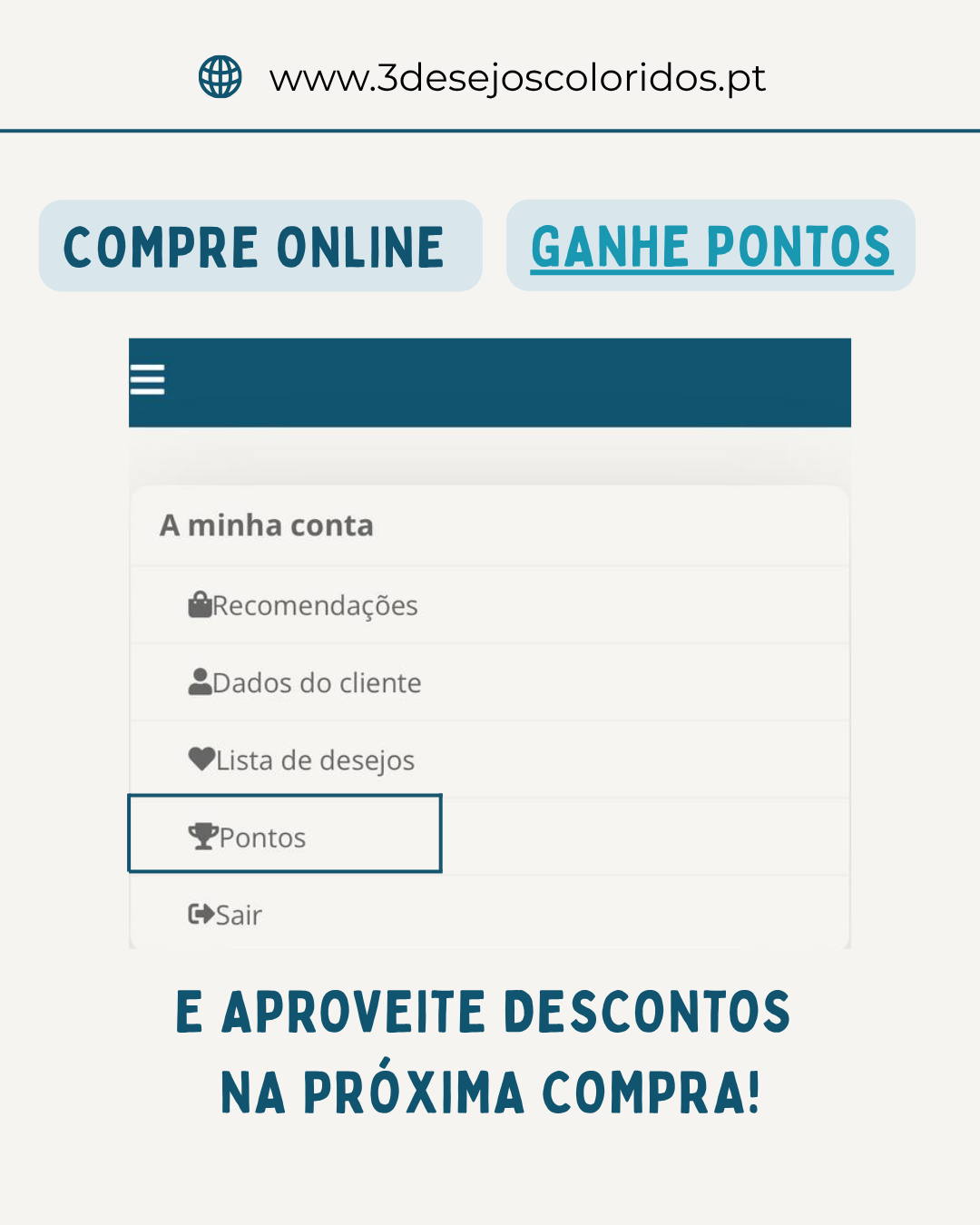 Interface de menu de conta em site de e-commerce com opções e texto promocional