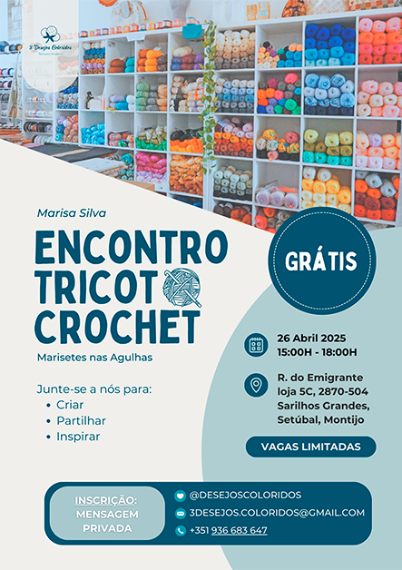 Flyer para encontro gratuito de tricot e crochet com mãos coloridas e informações sobre data, local e contato.