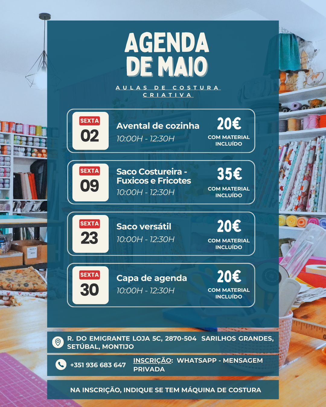 Cartaz com agenda de aulas de costura para maio e imagens de tecidos e materiais de costura ao fundo