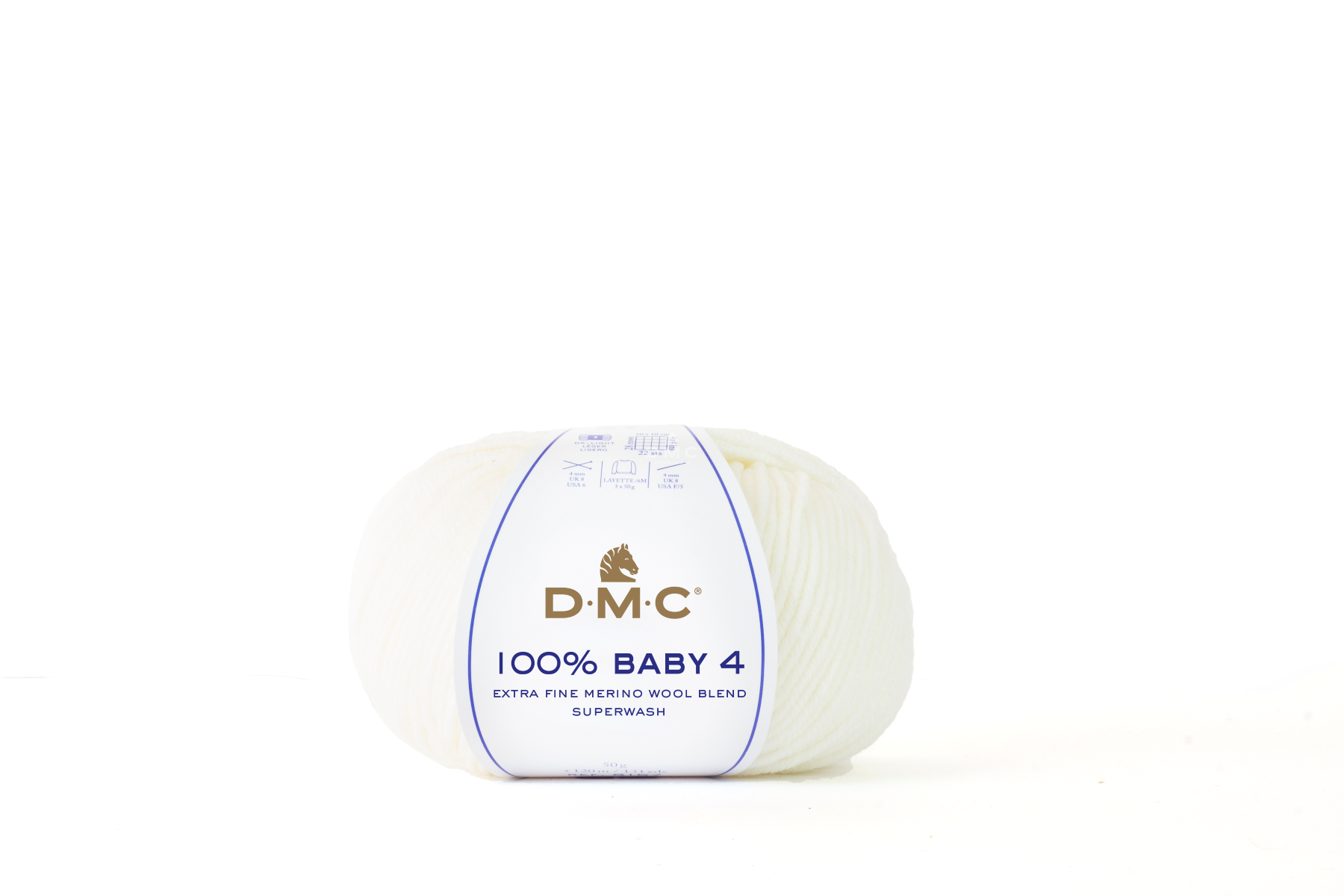 Novelo de lã branco DMC 100% BABY 4 com etiqueta azul e dourada