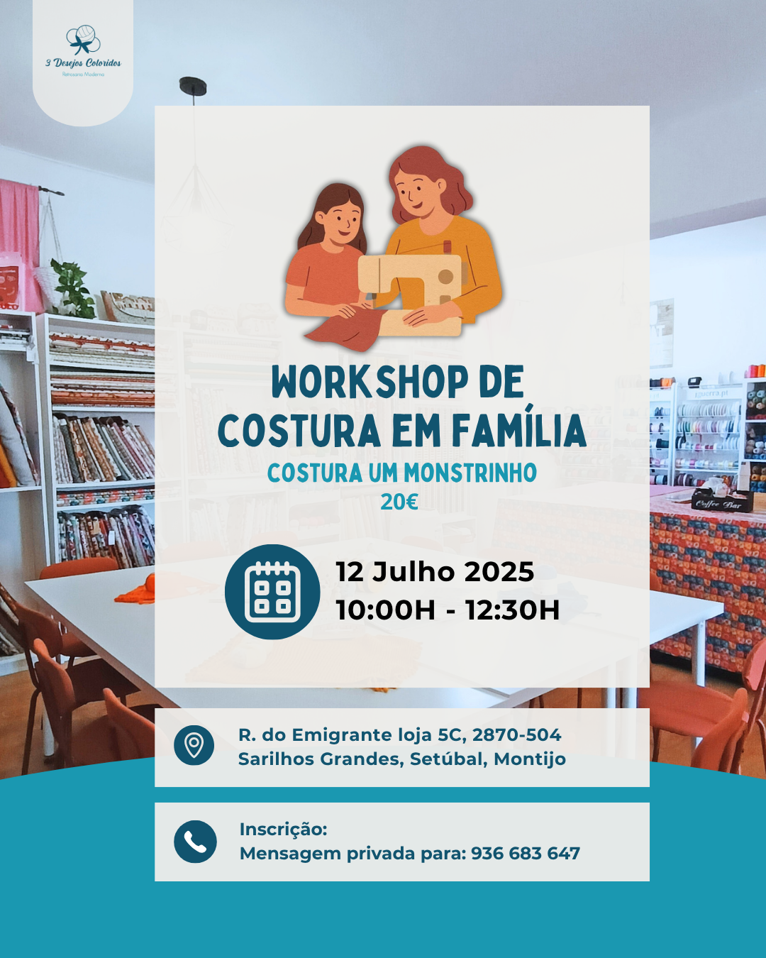 Interior de loja de tecidos com estantes e mesa de costura, cartaz de workshop de costura em família