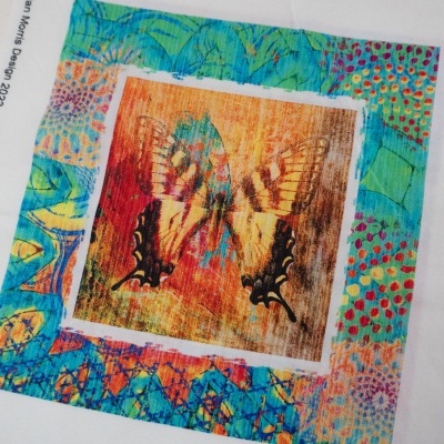 tecido colorido com padrão de borboleta e bordas geométricas e florais