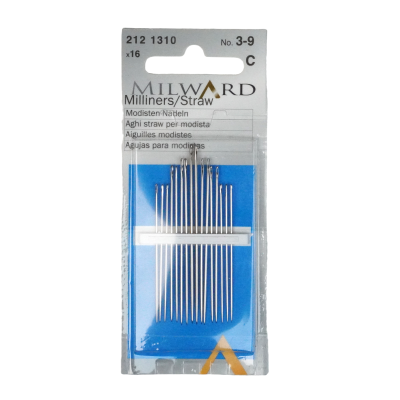 Pacote com 16 agulhas metálicas Milward Milliners/Straw em embalagem branca e azul