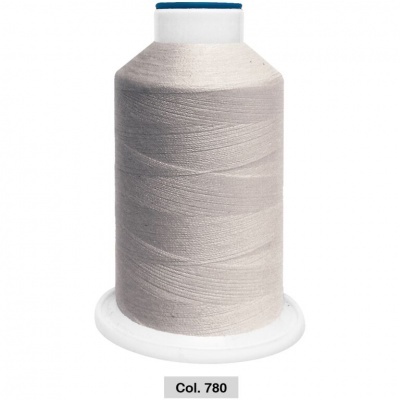 Carretel de linha de costura cinza claro com base branca e tampa azul