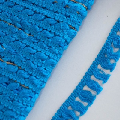 Fitinhas de renda azul em tecido decorativo com padrão ondulado sobre fundo branco