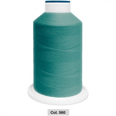 Cone de linha de costura verde azulado com base branca e etiqueta 'Col. 560'