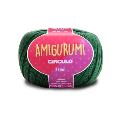 Novelo de fio verde escuro com etiqueta cor-de-rosa AMIGURUMI CÍRCULO