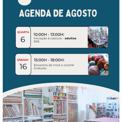 Agenda de agosto para eventos de costura e tricô em fundo azul com fotos de materiais e oficina