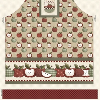 tecido com padrão de maçãs e utensílios de cozinha para avental