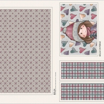 Padrão têxtil para costura de sacos com desenhos da Torre Eiffel, menina e padrões em rosa e cinza.