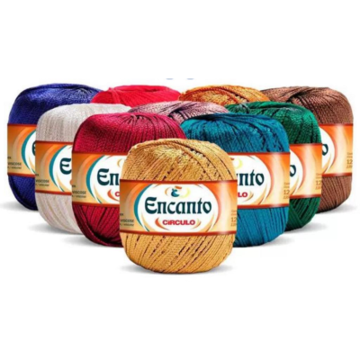 Novelos de fio Encanto da marca Círculo em várias cores vibrantes e etiquetas laranjas