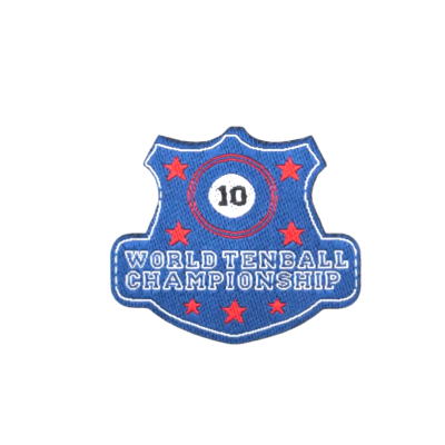 Emblema tecido azul com texto e estrelas vermelhas