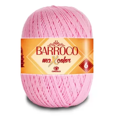 Novelo de fio rosa claro Barroco max color com etiqueta amarela e laranja.