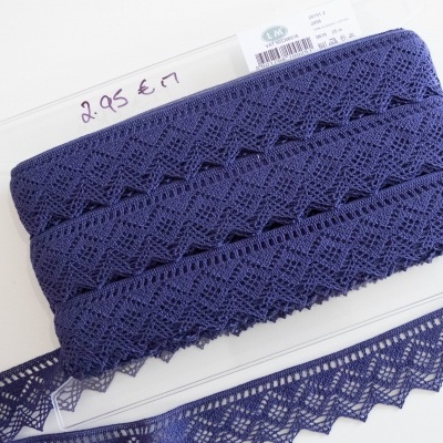 Renda azul escura com padrão de losangos e bordas serrilhadas em embalagem com etiqueta