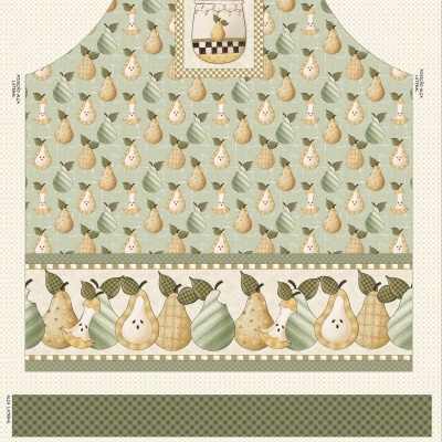 tecido estampado com padrão de peras e utensílios para avental