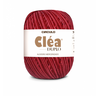 Novelo de fio Cléa Duplo vermelho com etiqueta branca e letras castanhas