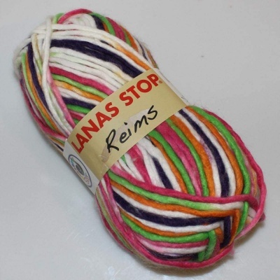 Ovni de lã multicolorida com etiqueta amarela LANAS STOP Reims