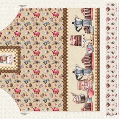 tecido com padrão de utensílios de cozinha e texto em português