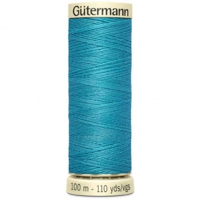 Rolo de linha de costura Gütermann azul turquesa com etiquetas superior e inferior