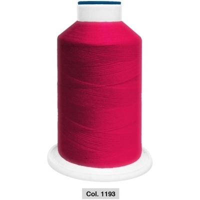 Carretel de linha de costura cor fúcsia com suporte branco.