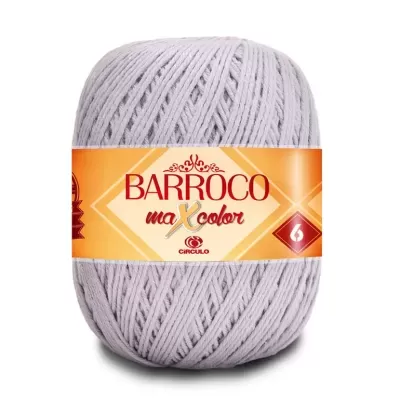 Novelo de fio de cor cinzento claro com etiqueta laranja da marca Barroco Maxcolor