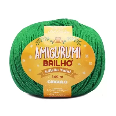 Novelo de fio de malha verde com etiqueta amarela Amigurumi Brilho