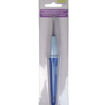 Ferramenta para punch com 3 agulhas embalada em cartão branco com etiqueta lilás